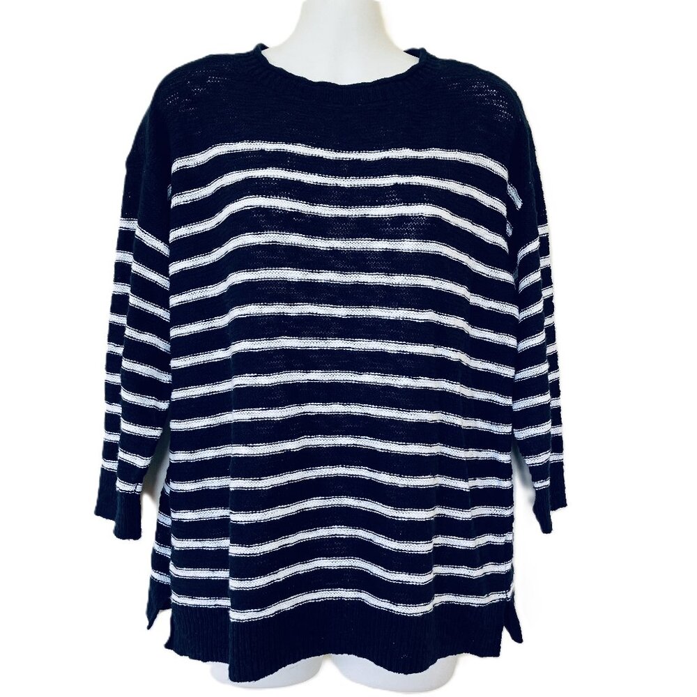 Ninety Clothing Co Lightweight Cotton Knit Sweater Navy Blue White Stripes Small